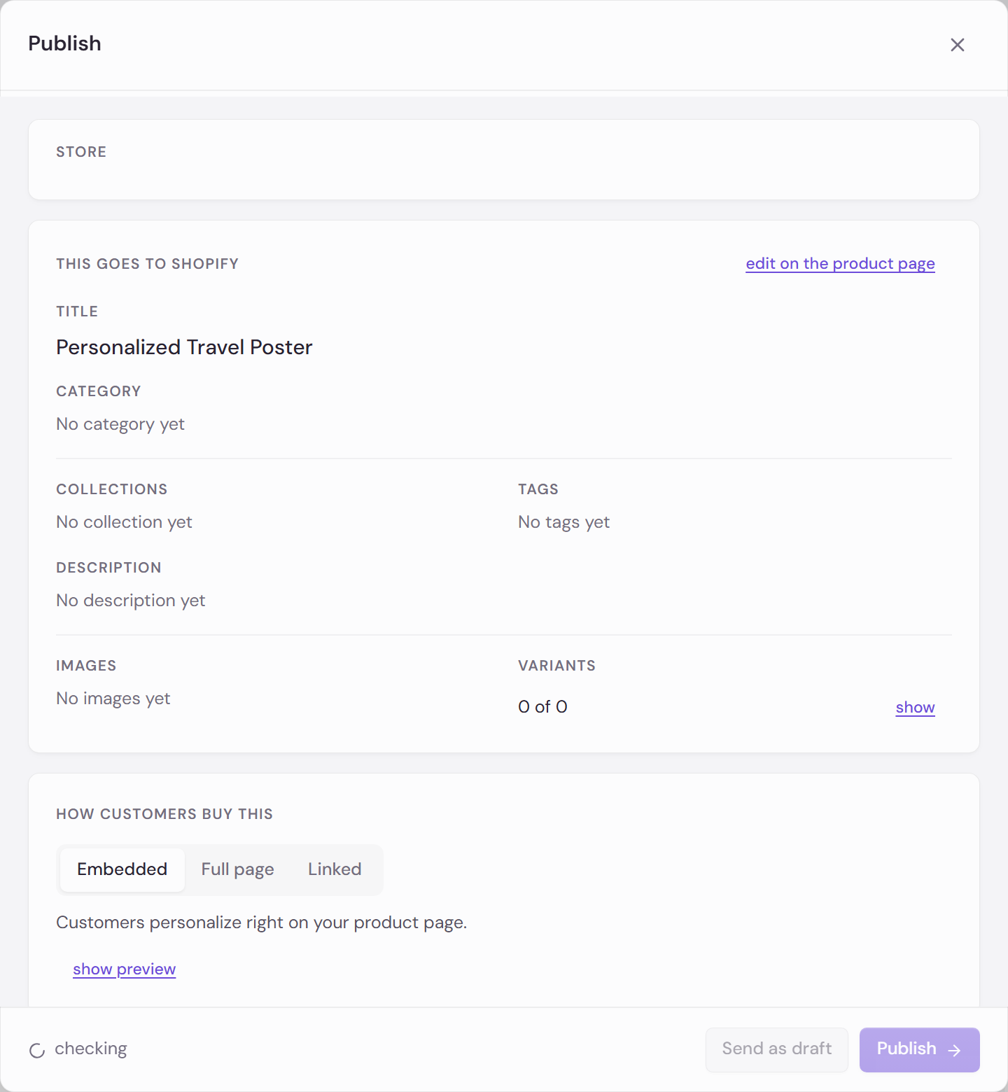 The Publish screen with a red Not ready to publish yet card, the selected store, and the listing details that go to Shopify