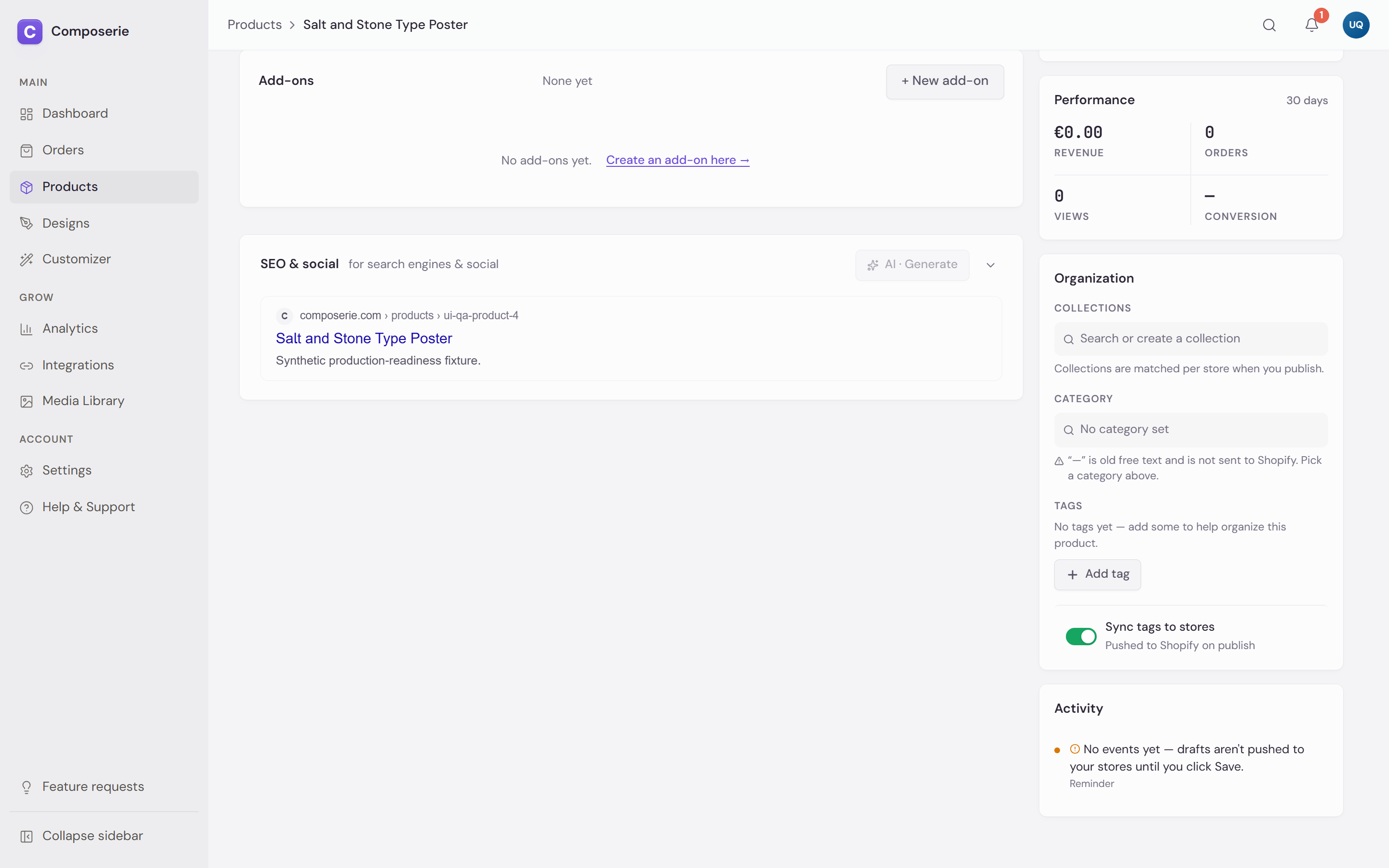 Product page showing the SEO and social card collapsed above its Google search preview