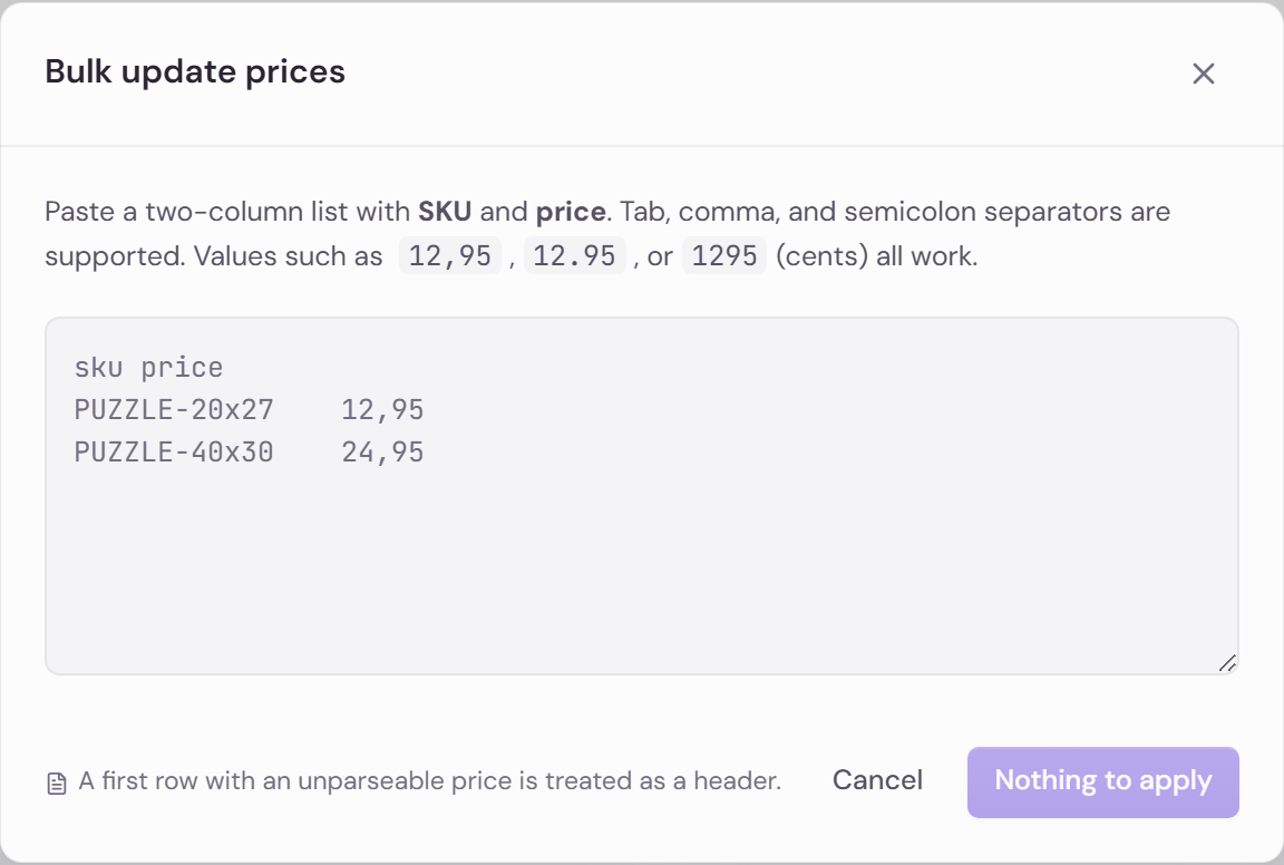 The Bulk update prices dialog where you paste SKU and price pairs