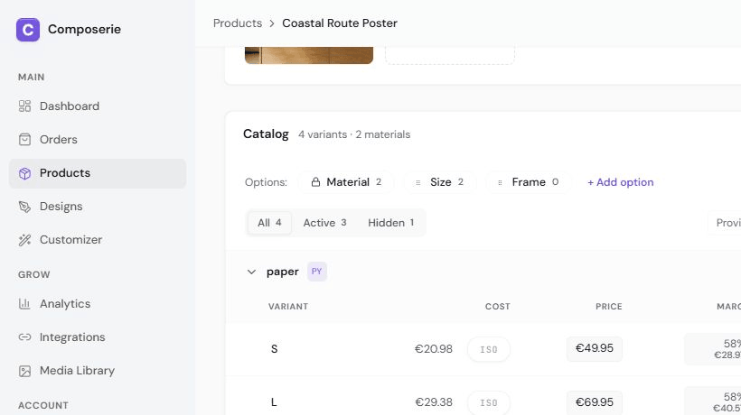 The variants table grouped by option with cost and price fields and a provider chip per group