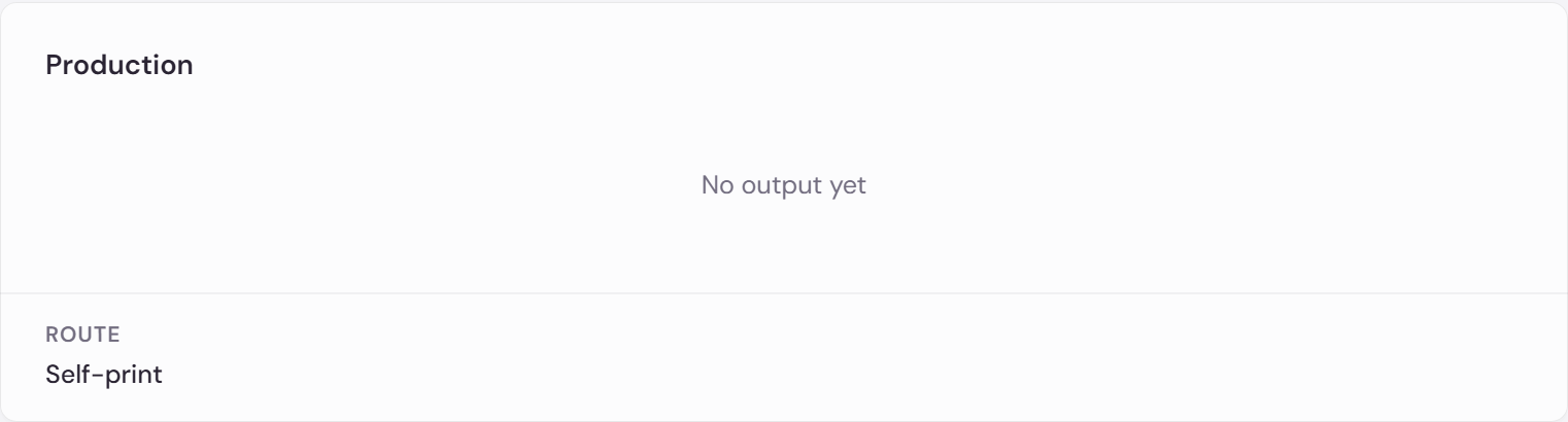 The Production card on an order, reading No output yet above a Route of Self-print