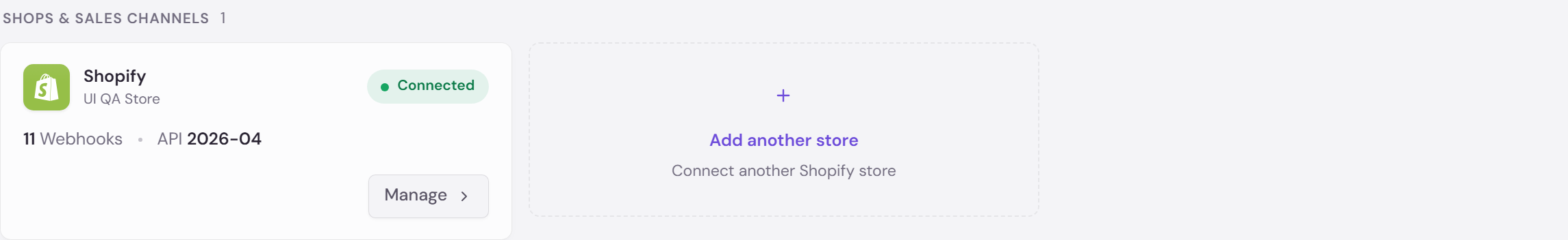 Composerie Integrations page with the Shopify integration and connected-store status