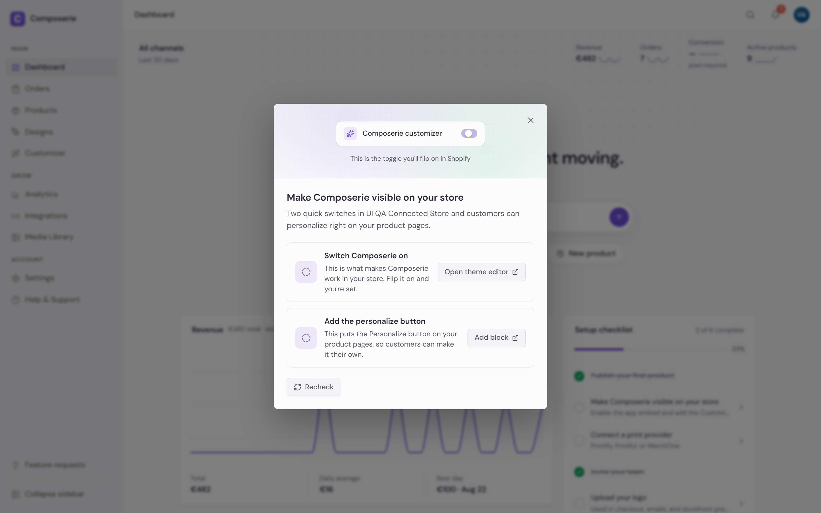 The Make Composerie visible on your store dialog, naming the connected store and offering two rows: Switch Composerie on with an Open theme editor button, and Add the personalize button with an Add block button