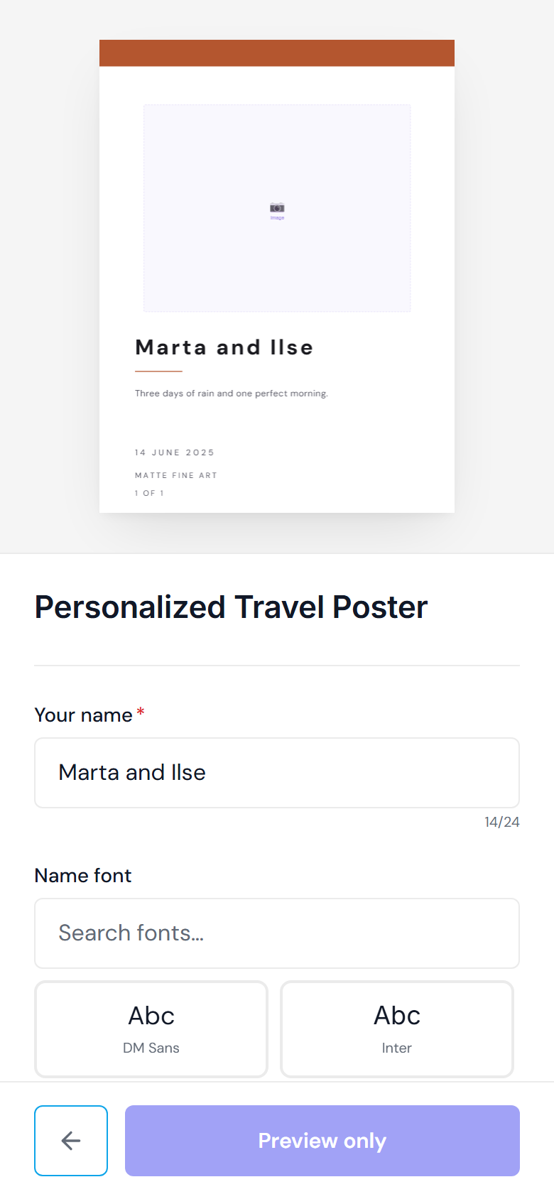 The customizer on a phone, with the poster preview stacked above the personalization fields and the action bar pinned to the bottom