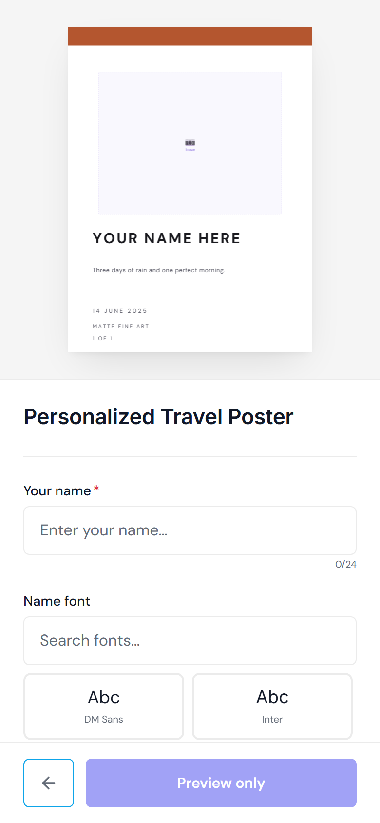 Mobile customer preview of the same personalized product and form