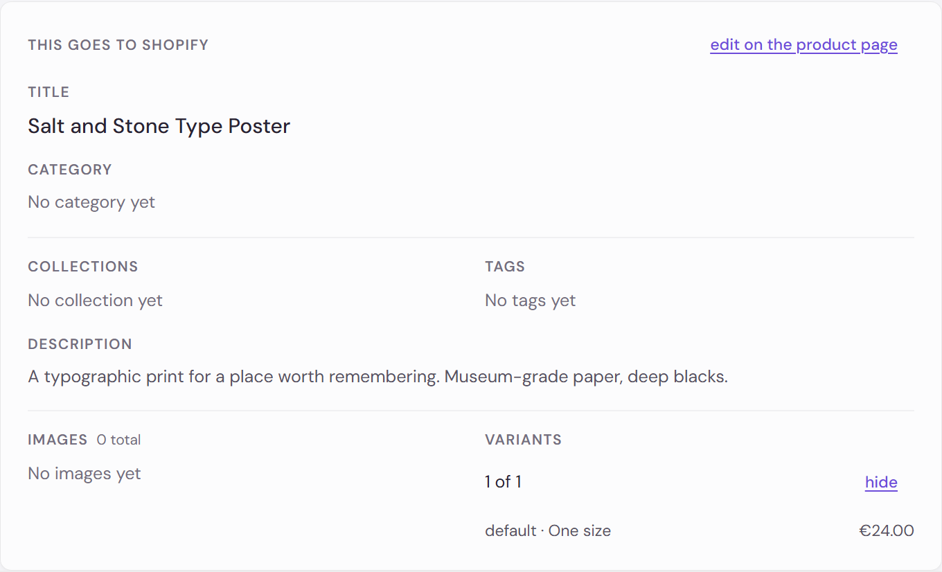 The This goes to Shopify card with Variants reading 1 of 1 and the single variant expanded beneath it with its price