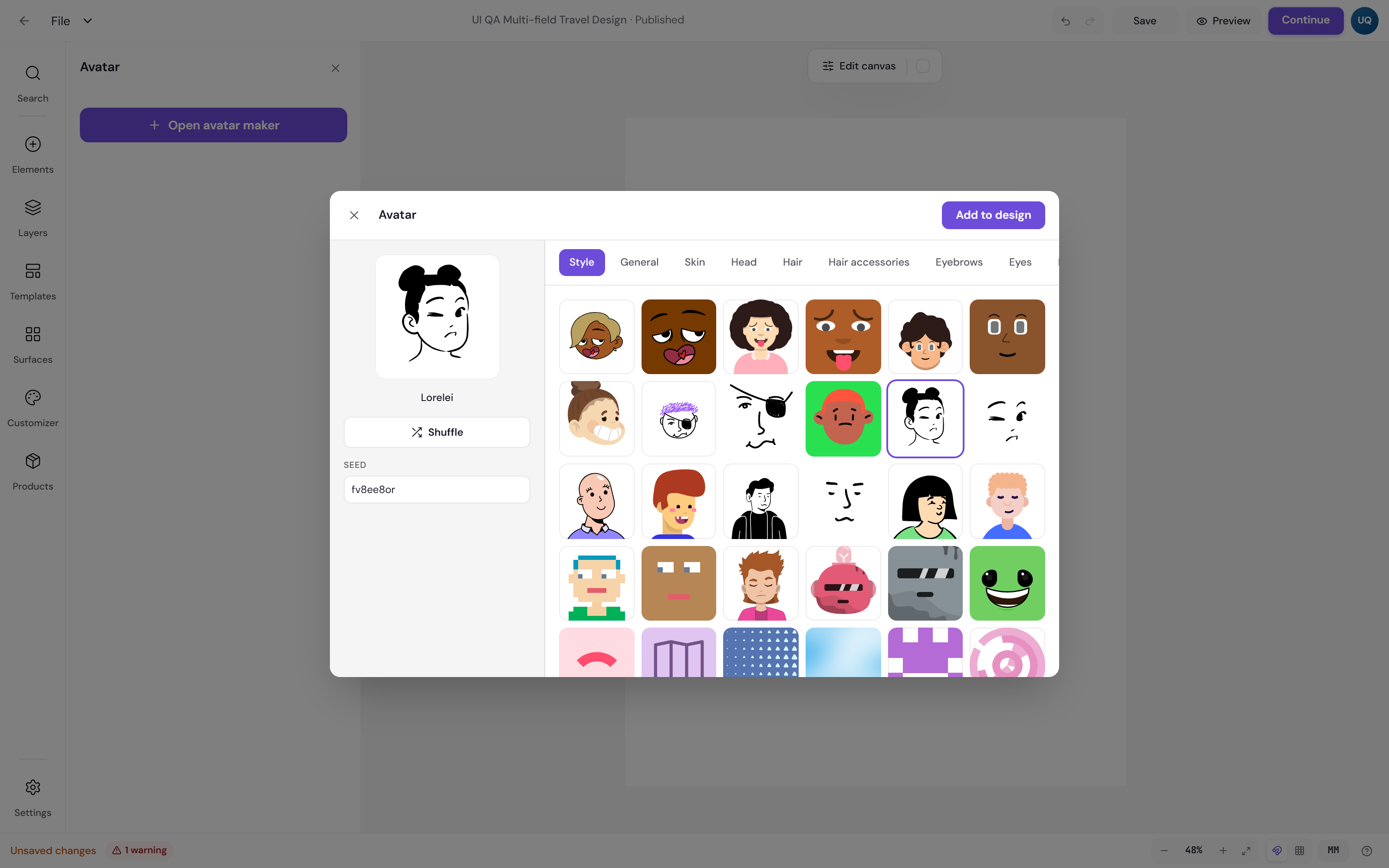 The avatar maker open over the canvas, with a preview on the left showing the style name, a shuffle button and a seed field, and a grid of avatar styles on the right under tabs for Style, General, Skin, Head, Hair and more