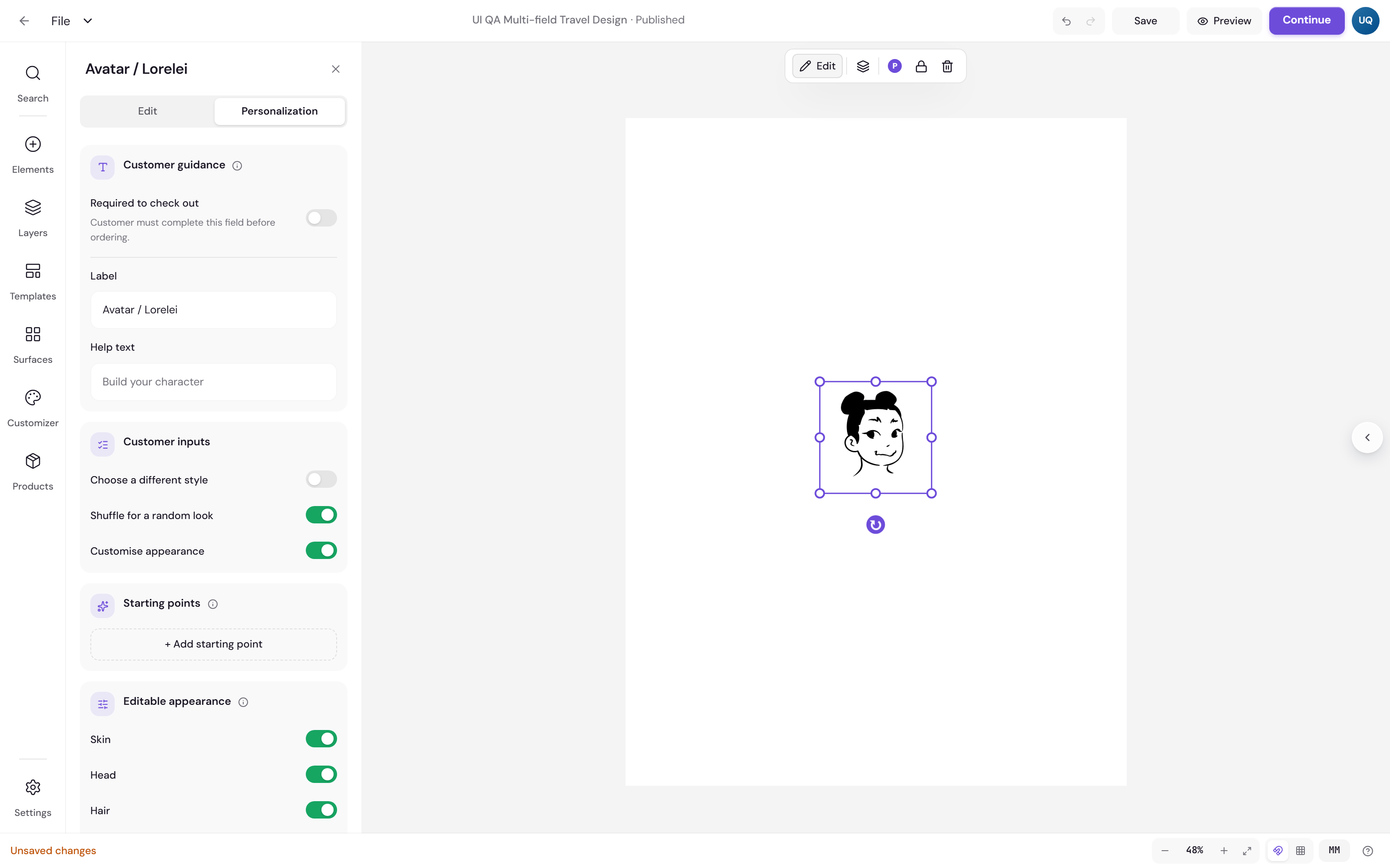 The Personalization tab of the Avatar panel, showing customer guidance with a label and help text, customer input switches for choosing a different style, shuffling and customising appearance, a starting points section and an editable appearance list