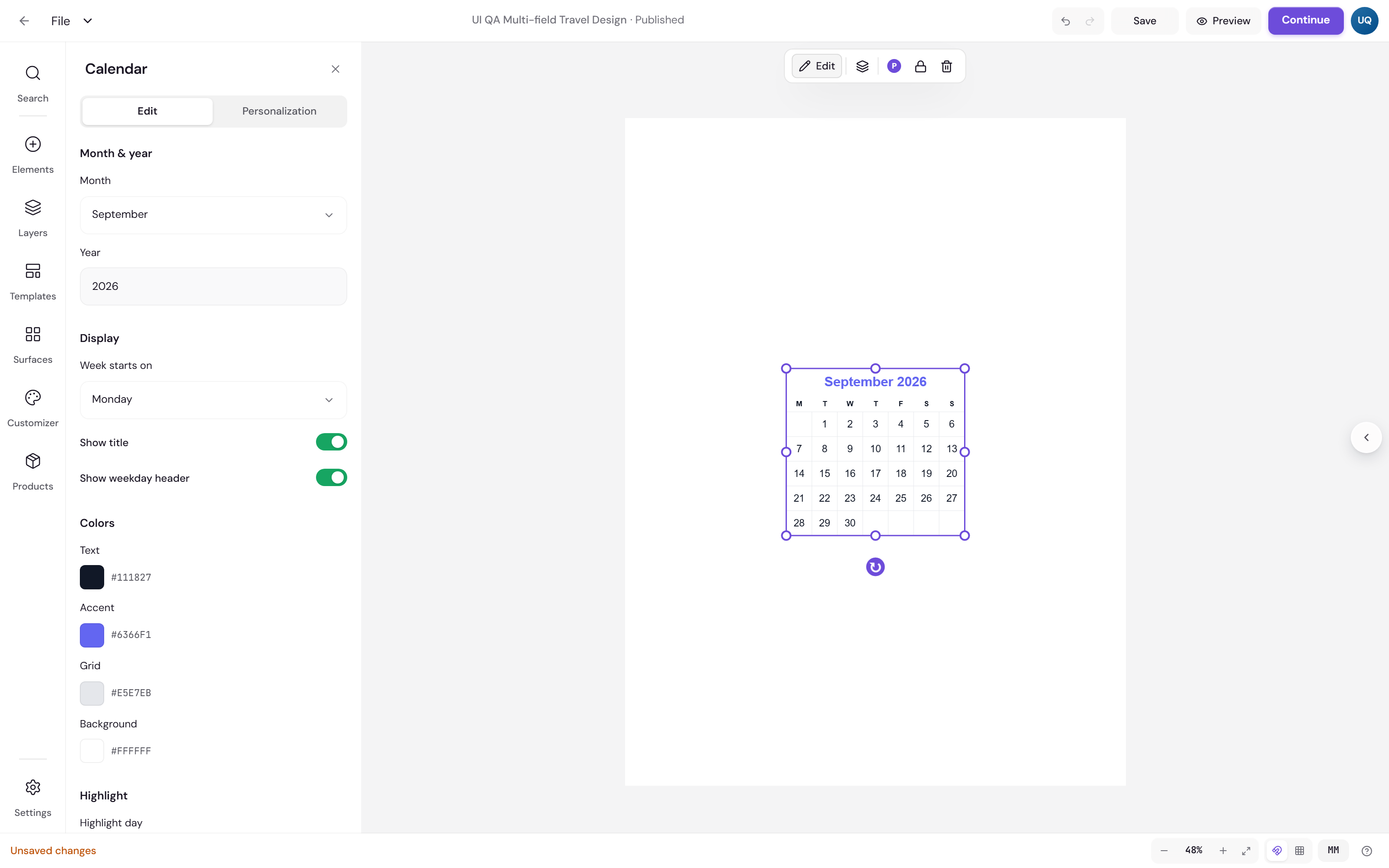 Earlier Calendar settings panel next to a month calendar grid, showing Month and year, a Display section, Colors and a Highlight section