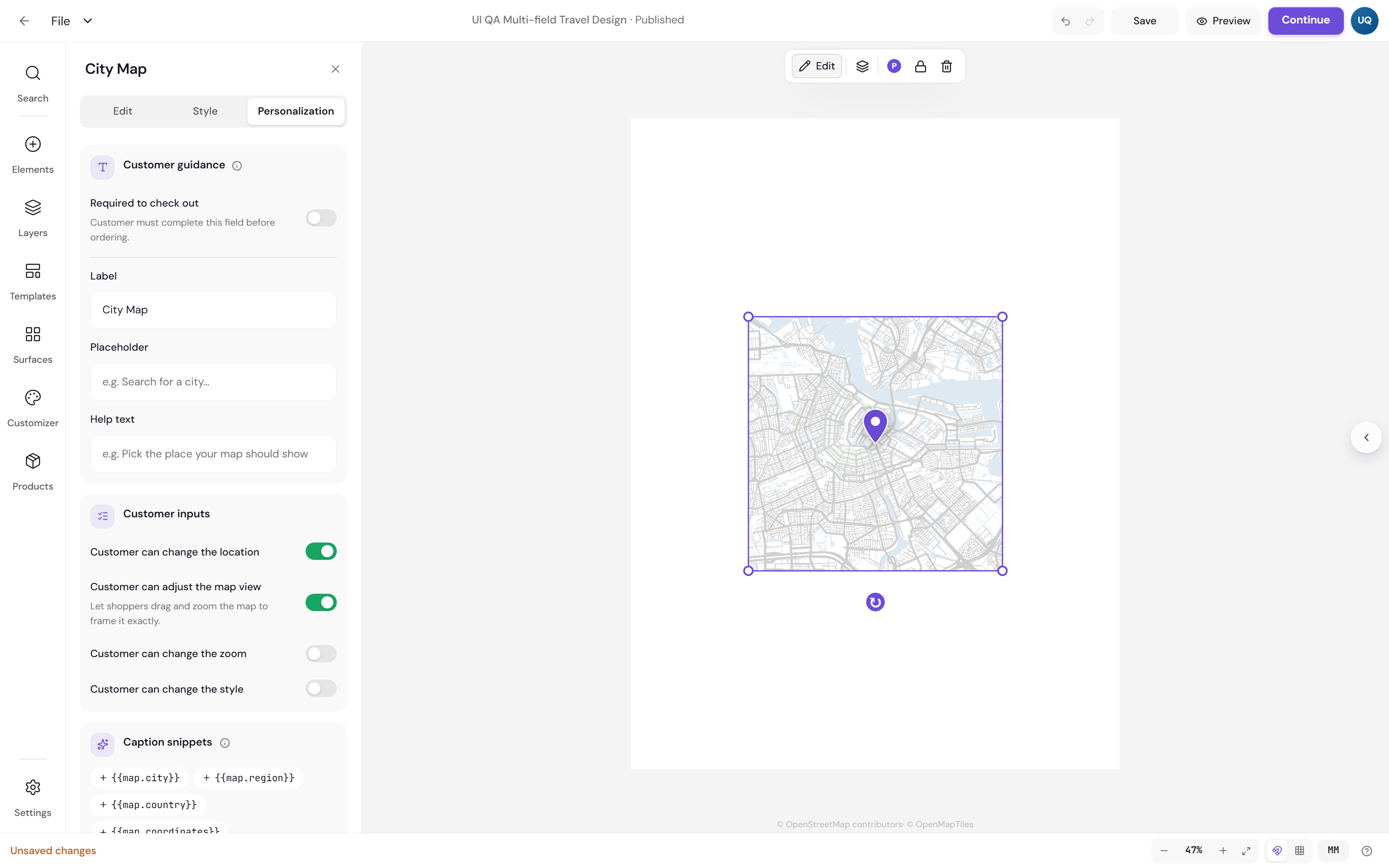 The Personalization tab of the City Map panel, with switches controlling whether the customer can change the location, adjust the map view, change the zoom and change the style