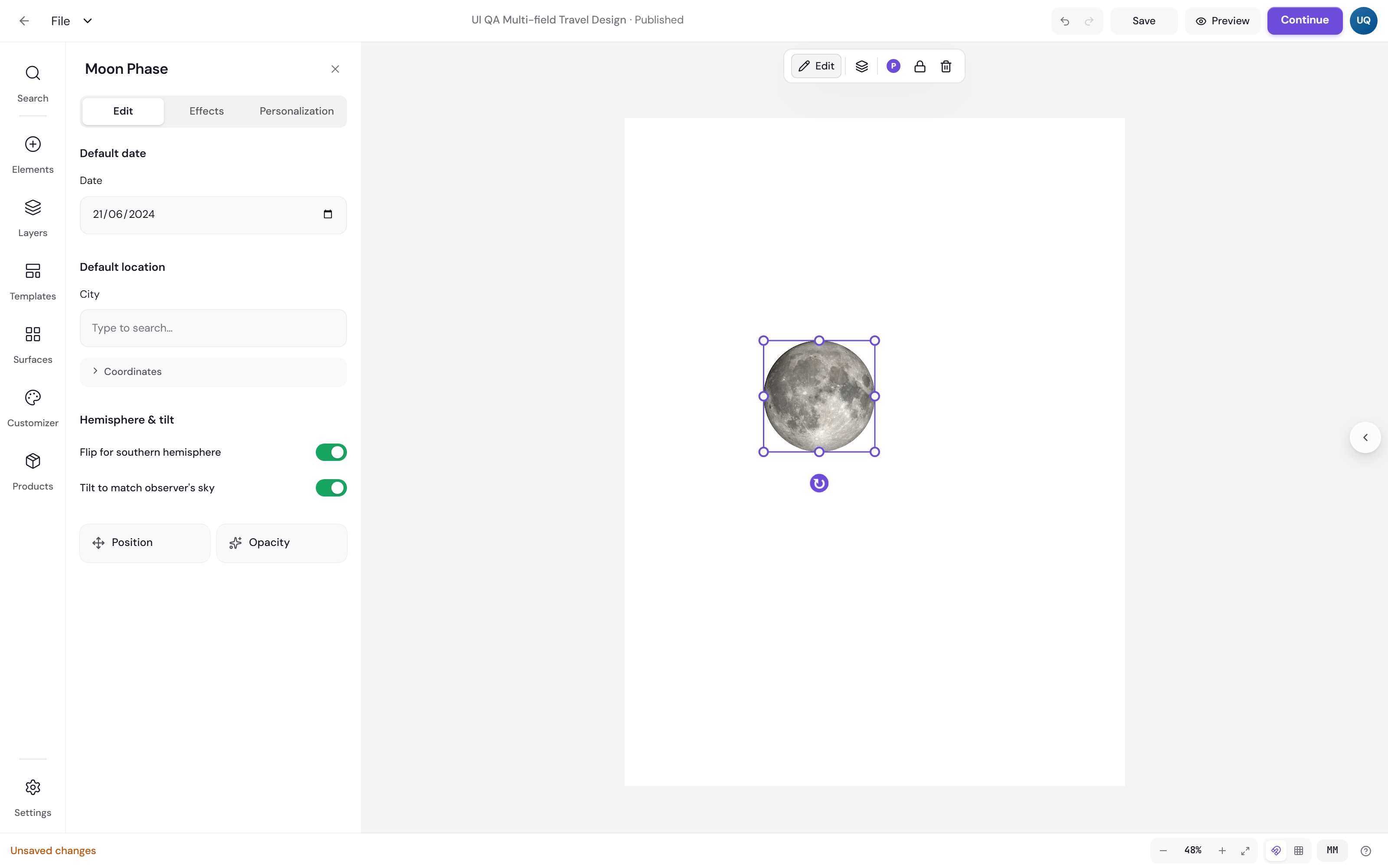 Earlier Moon Phase settings panel next to a photographic moon, showing Default date, Default location and a Hemisphere and tilt section with two switches