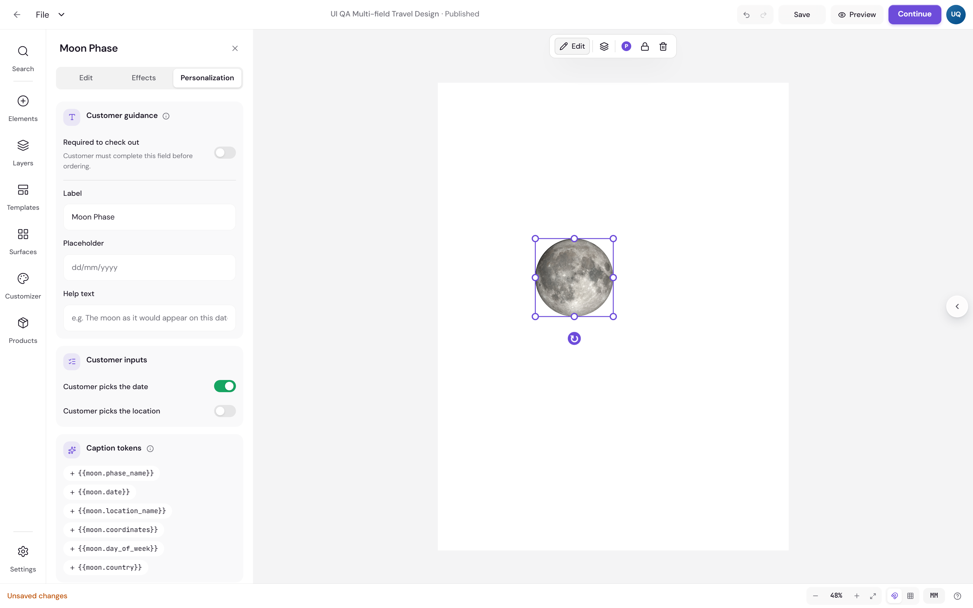 The Personalization tab of the Moon Phase panel, with customer guidance fields and switches for whether the customer picks the date and the location