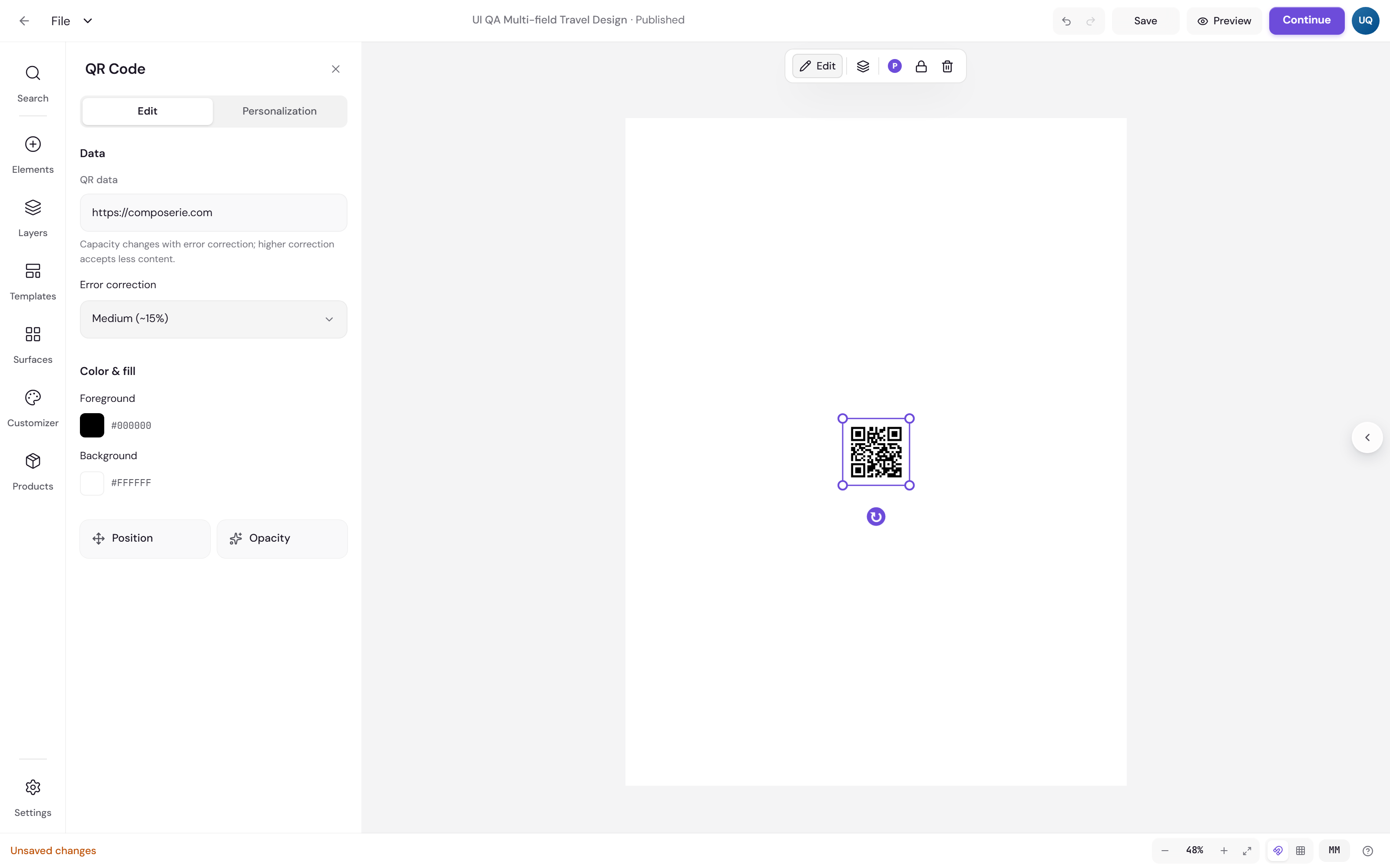 A QR code on the canvas with its settings panel open, showing QR data, error correction, foreground and background colour controls