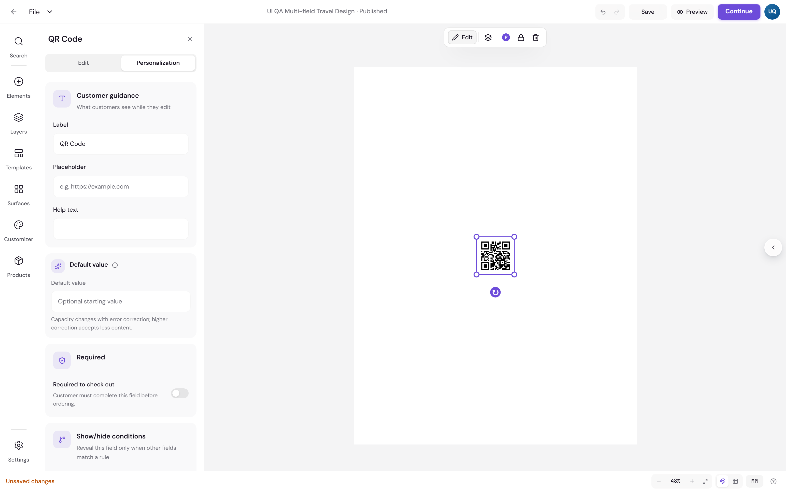 The Personalization tab of the QR Code panel, with customer guidance fields for label, placeholder and help text, a default value and a required switch