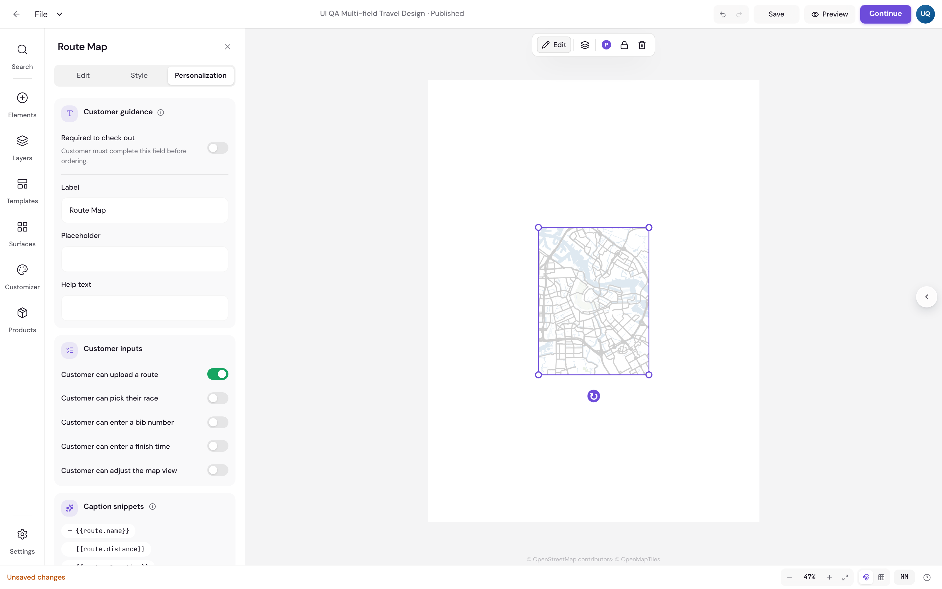 Earlier Personalization tab of the Route Map panel, with switches for whether the customer can upload a route, pick their race, adjust the map view, enter a bib number and enter a finish time