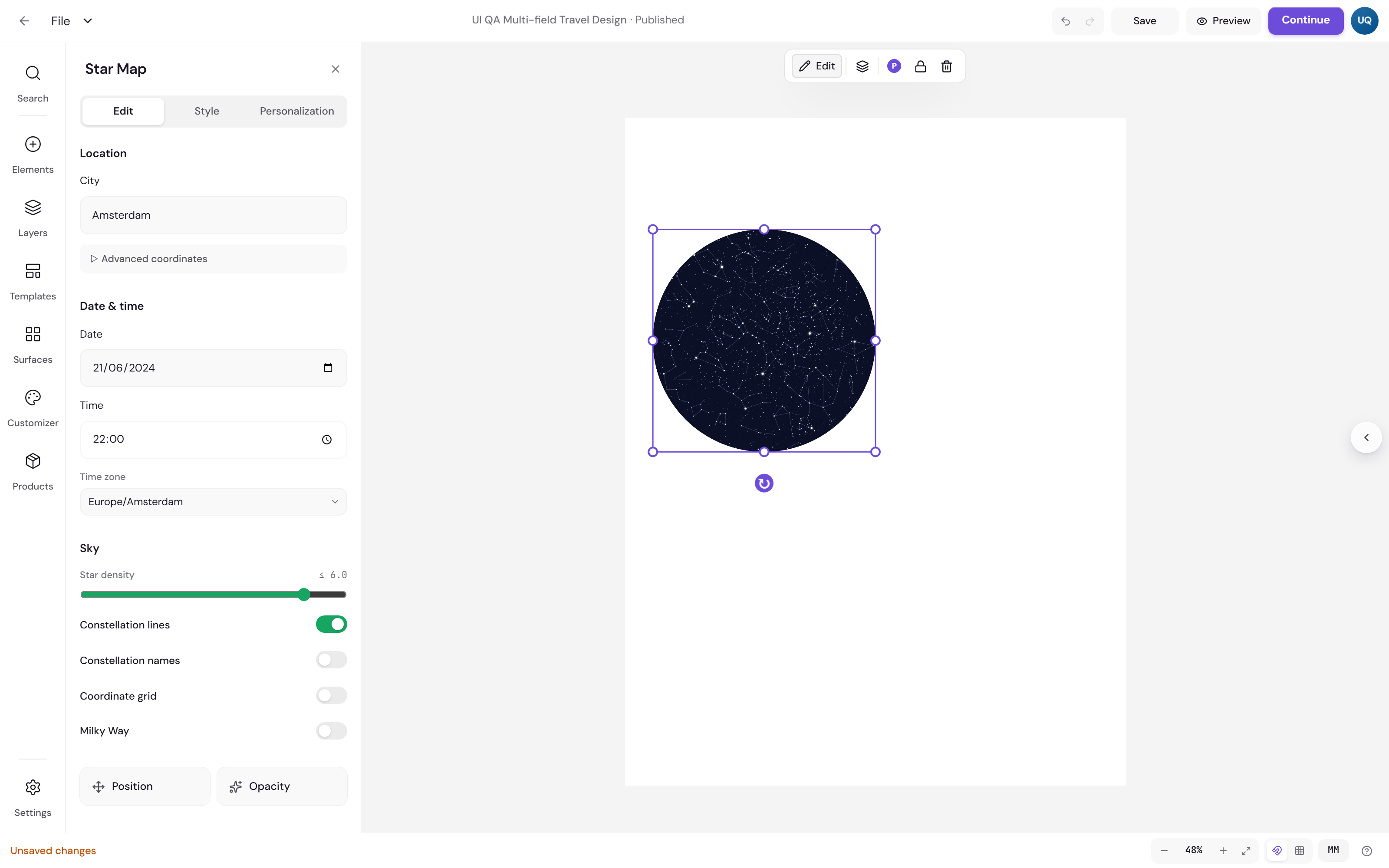 Earlier star map settings panel on the canvas, showing Location with a city field, Date and time with date, time and time zone, and a Sky section with star density and layer switches