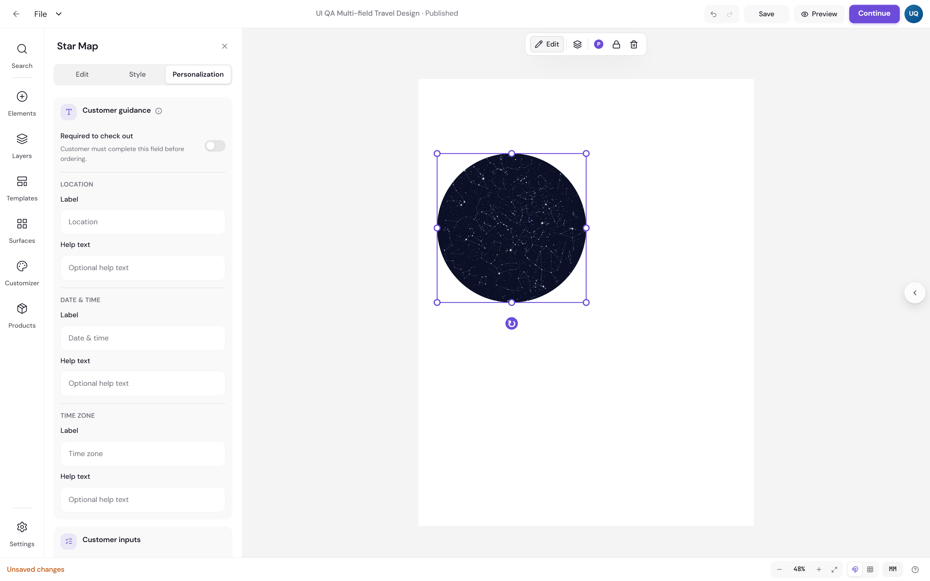The Personalization tab of the Star Map panel, with switches for whether the customer picks the date, the time, the time zone and the location