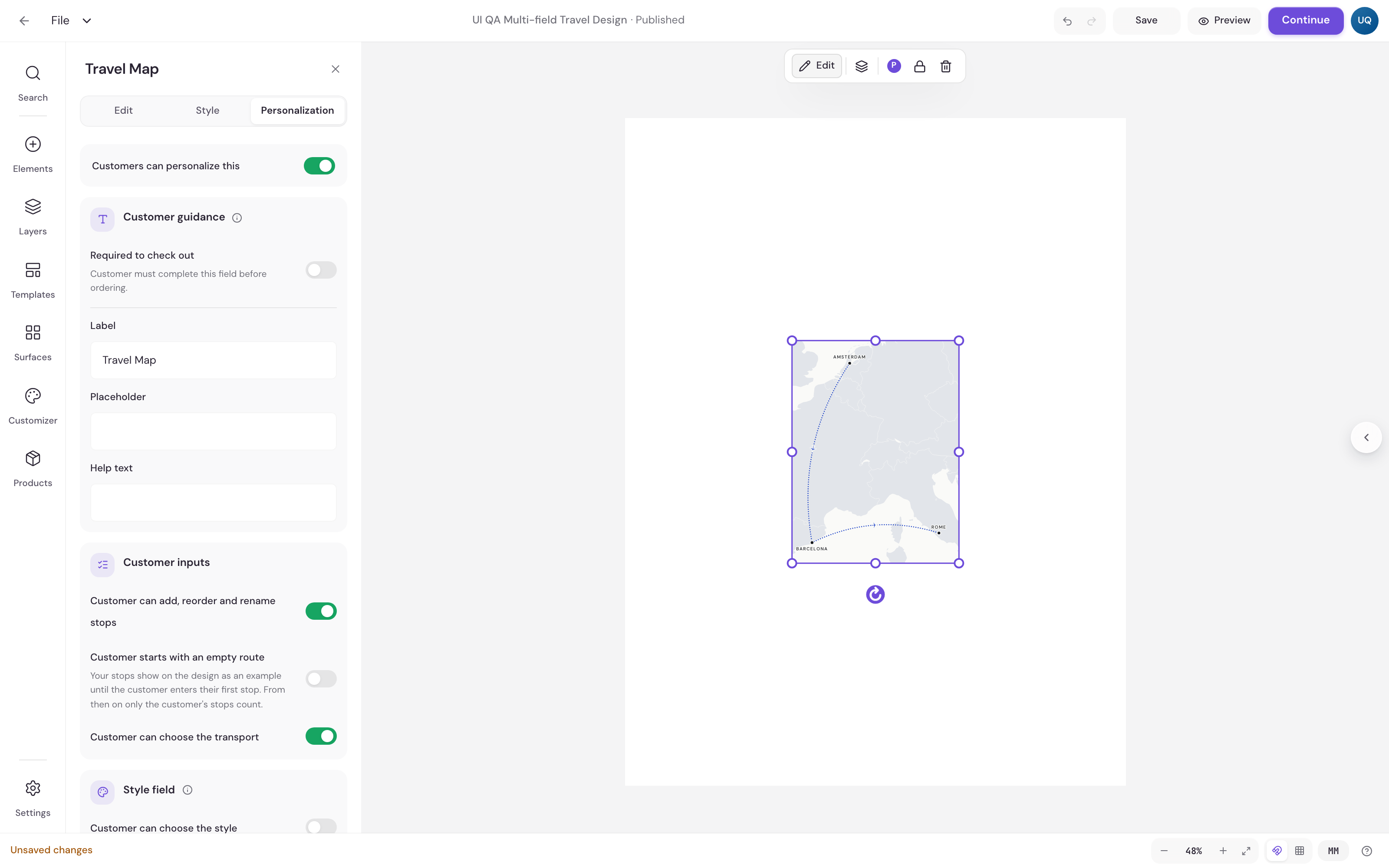 The Personalization tab of the Travel Map panel: the switch that lets customers personalize it, the customer guidance fields, switches for whether the customer can add, reorder and rename stops, start with an empty route and choose the transport, and the top of the Style field section
