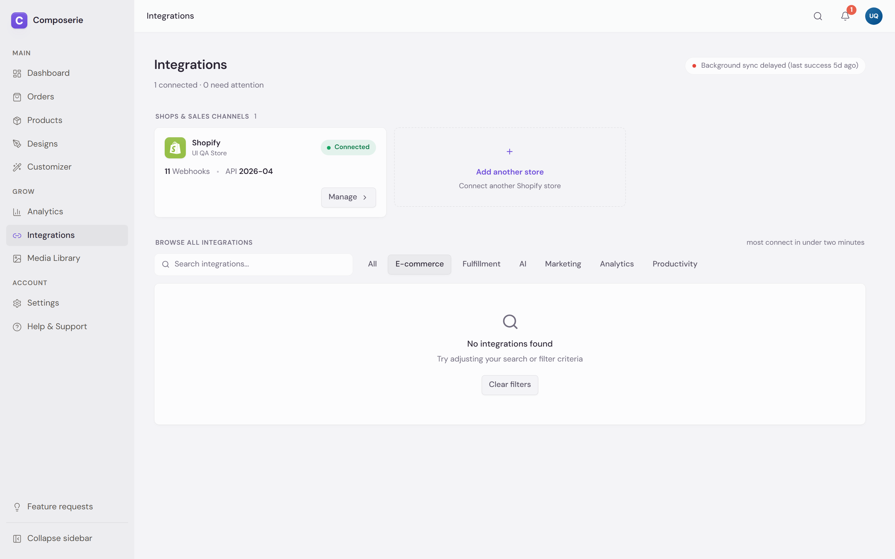 The Integrations page filtered to E-commerce, showing the connected Shopify store above the browse-all list