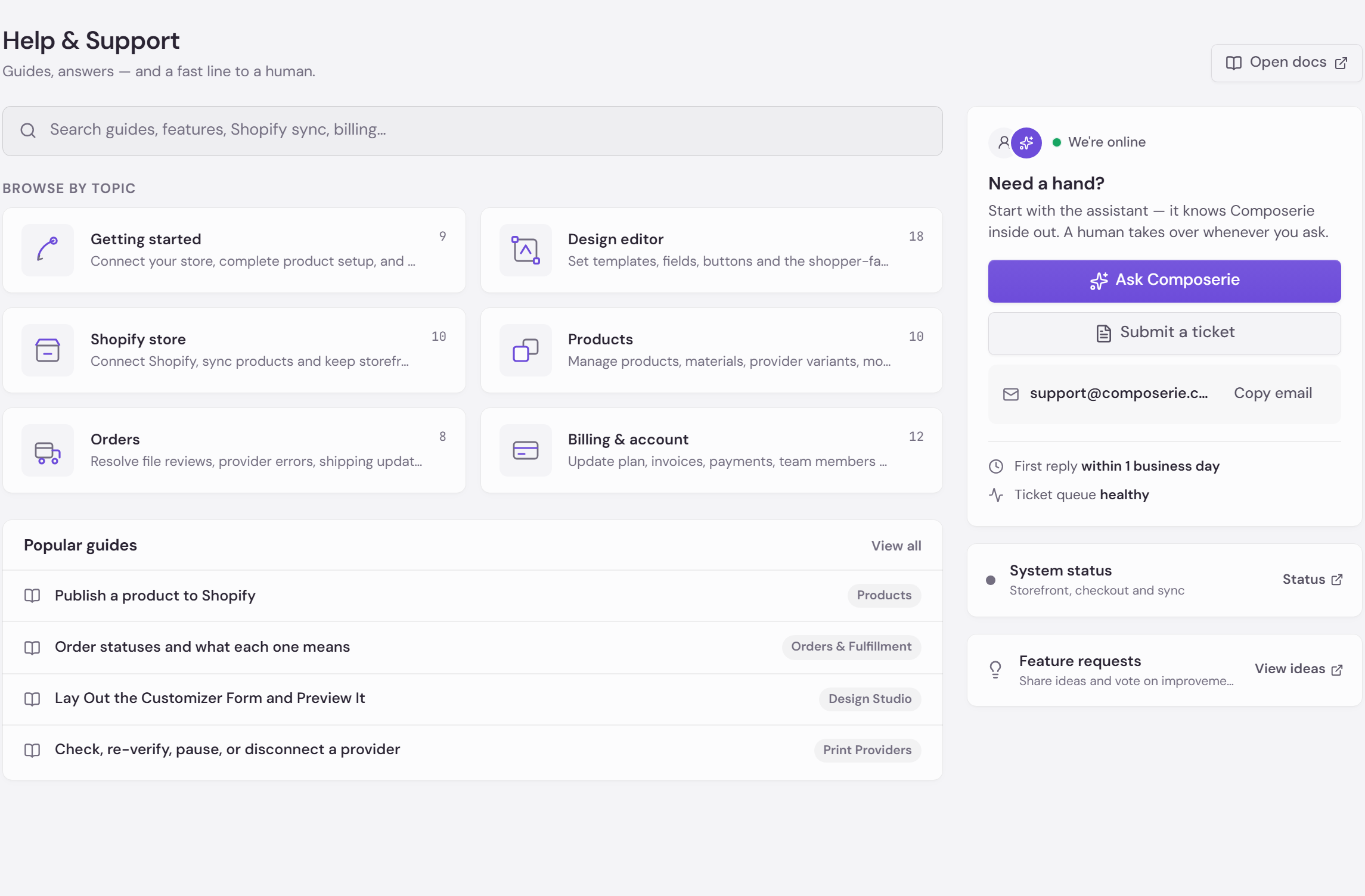 Composerie Help and Support page with the article search field