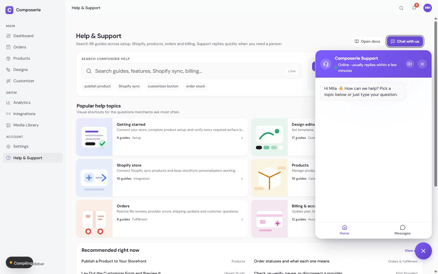 Current Composerie dashboard with the Help & Support destination in the account navigation