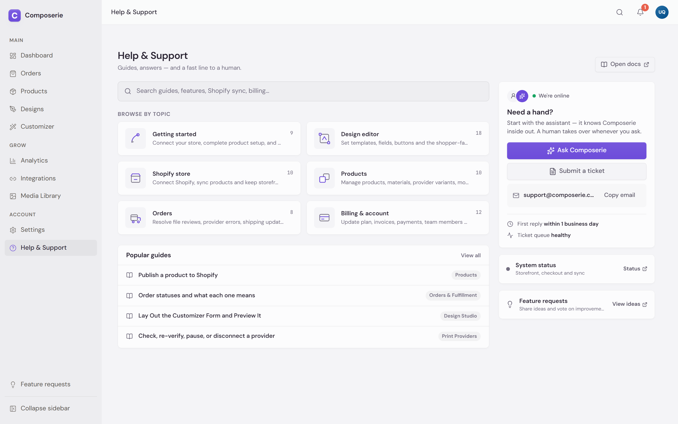 Composerie Help & Support page with help topics and the support-chat action
