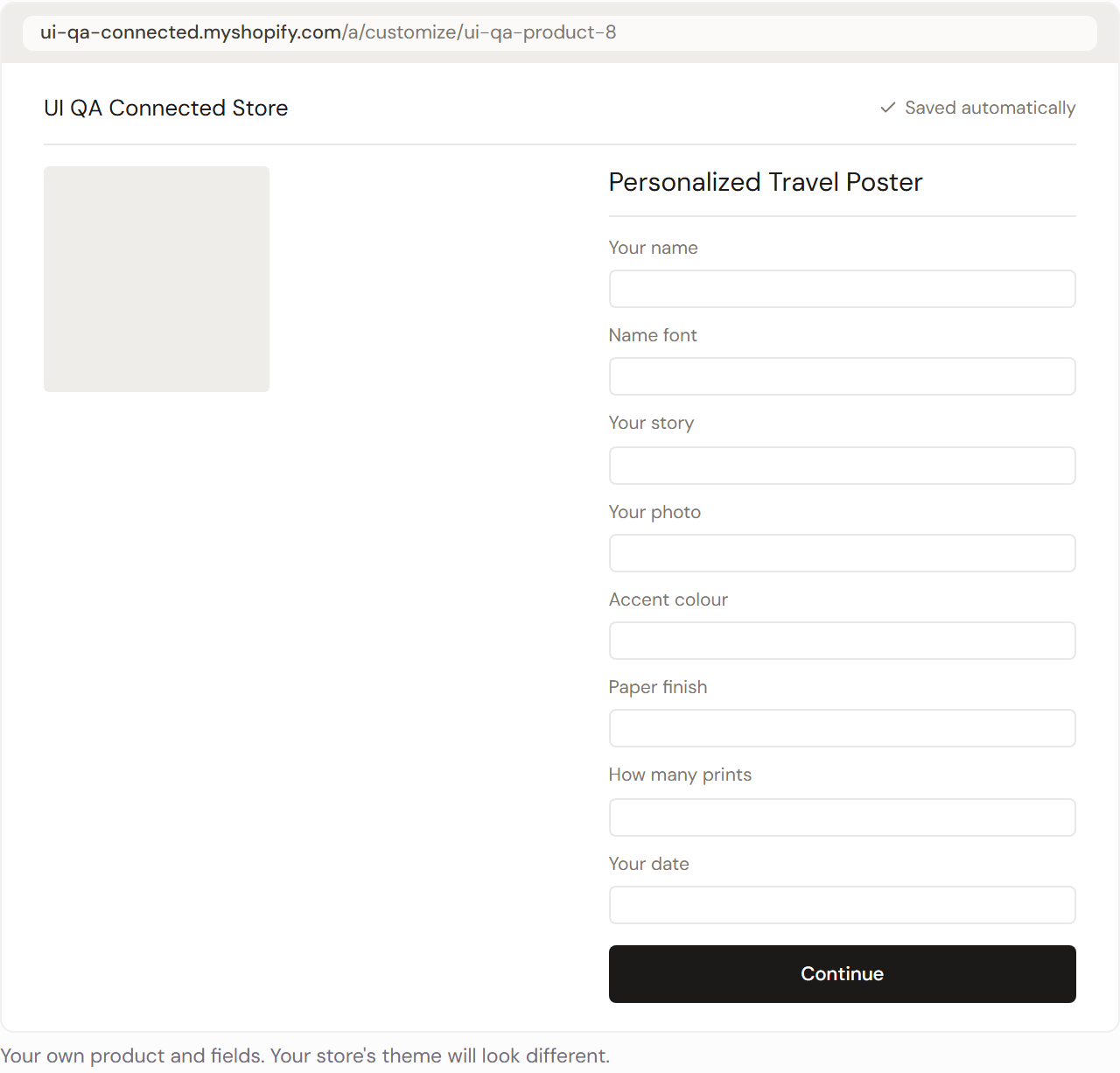 The Full page preview: a page of its own at slash a slash customize, with the fields and a Continue button