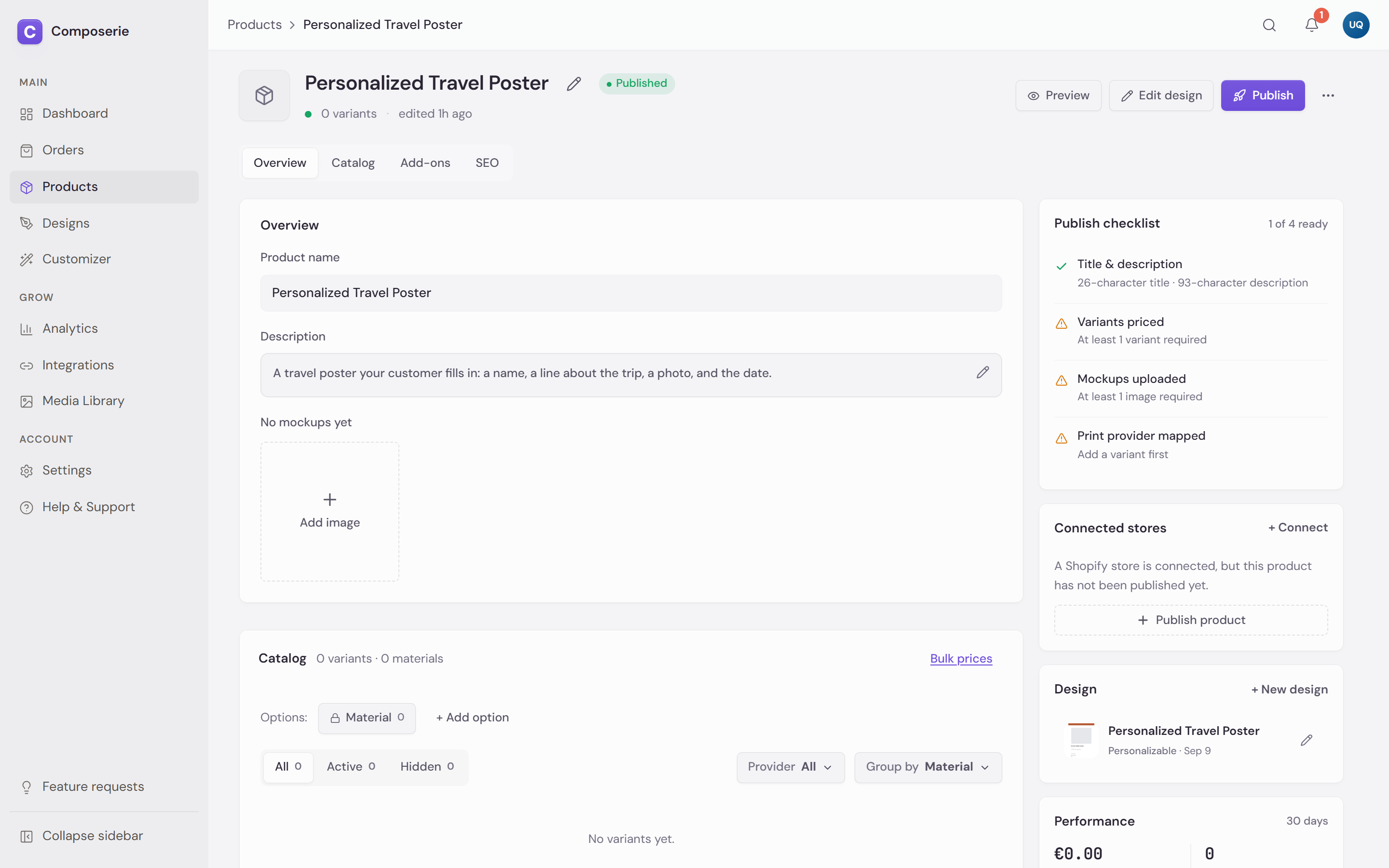 A product page with the Publish checklist reading 1 of 4 ready, the Connected stores card, and the linked design beneath it