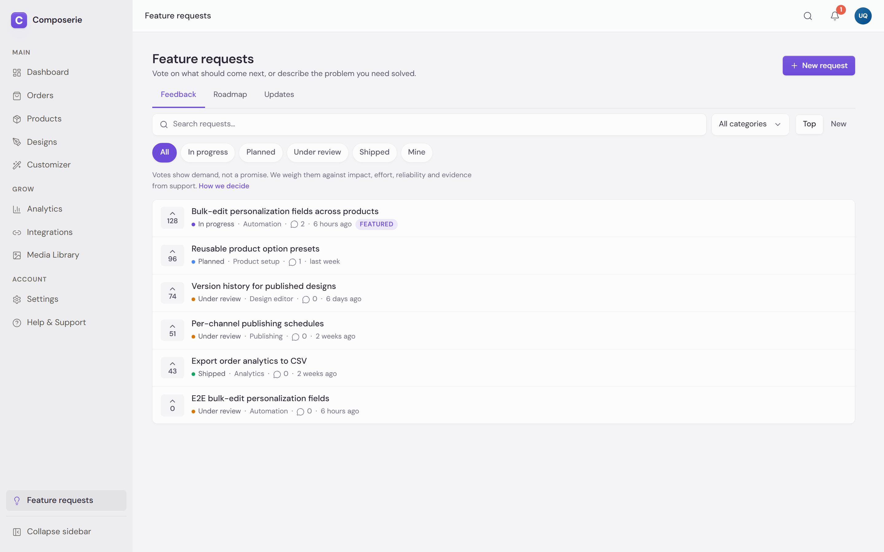 The Feature requests board listing requests with their vote counts, above filters for Top, New, In progress, Planned, Under review and Shipped